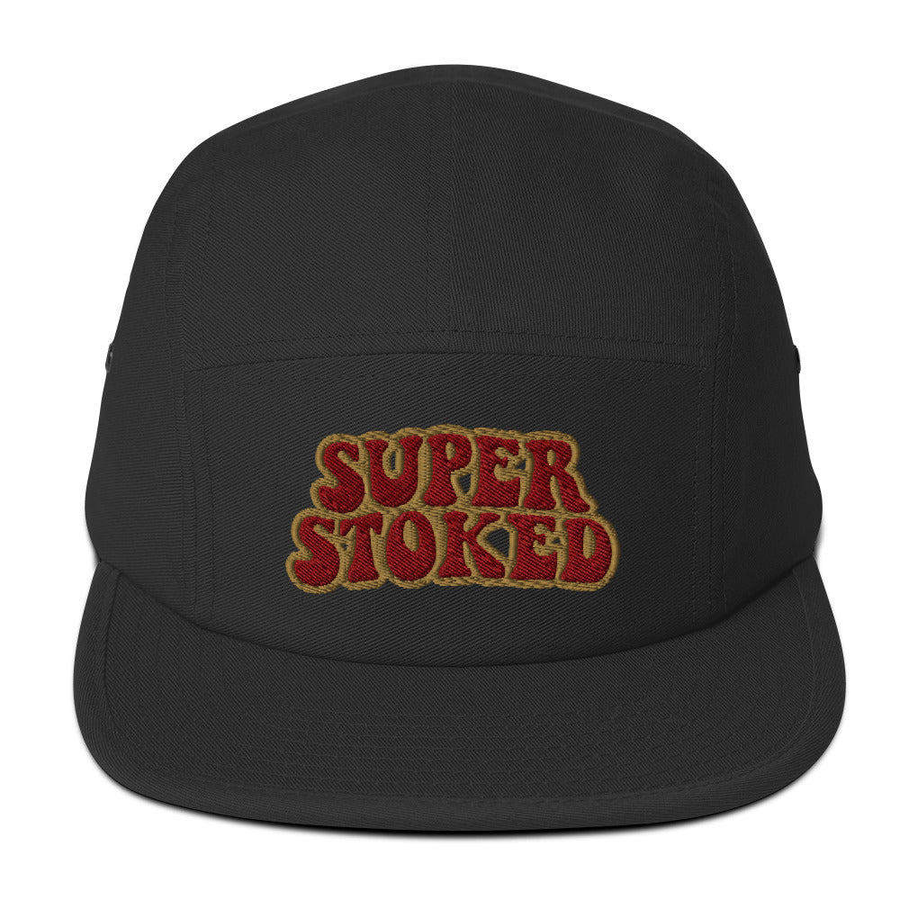 Flashback Five Panel Cap in Black, front view — Super Stoked