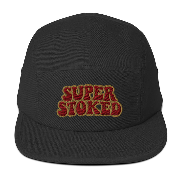 Flashback Five Panel Cap in Black, front view — Super Stoked