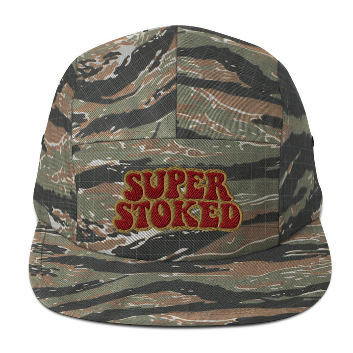 Flashback Five Panel Cap in Green Tiger Camo, front view — Super Stoked