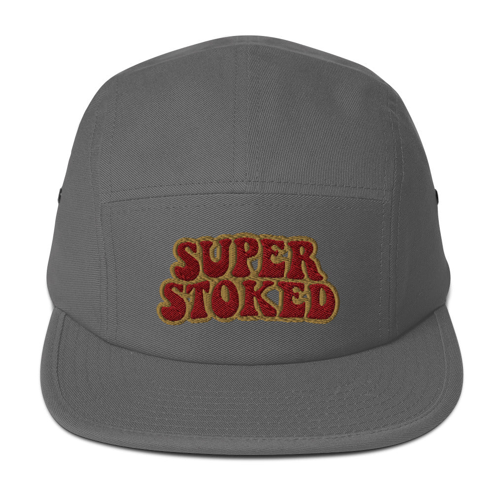 Flashback Five Panel Cap in Grey, front view — Super Stoked