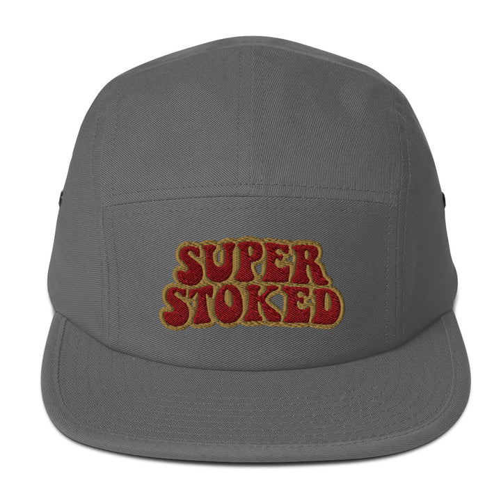 Flashback Five Panel Cap in Grey, front view — Super Stoked