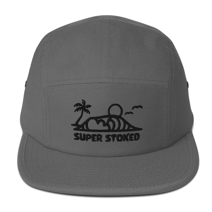 Dream Lines Five Panel Cap in Grey, front view — Super Stoked