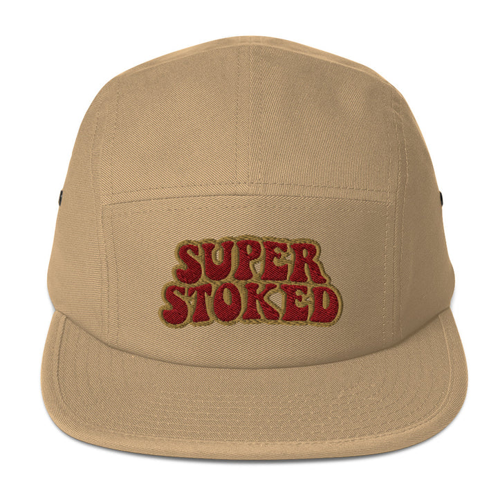 Flashback Five Panel Cap in Khaki, front view — Super Stoked