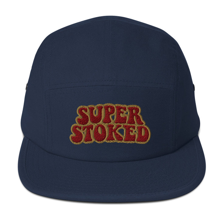Flashback Five Panel Cap in Navy, front view — Super Stoked