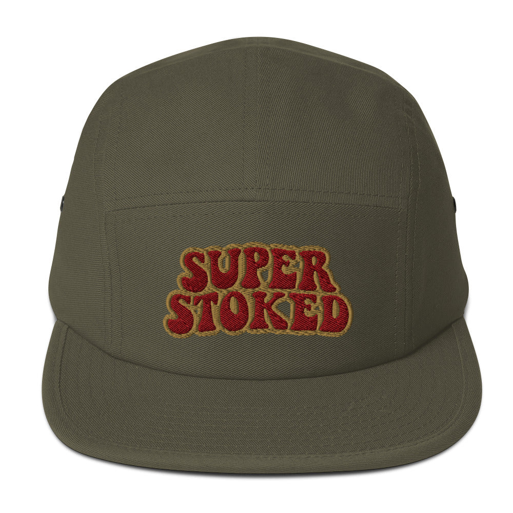 Flashback Five Panel Cap in Olive, front view — Super Stoked