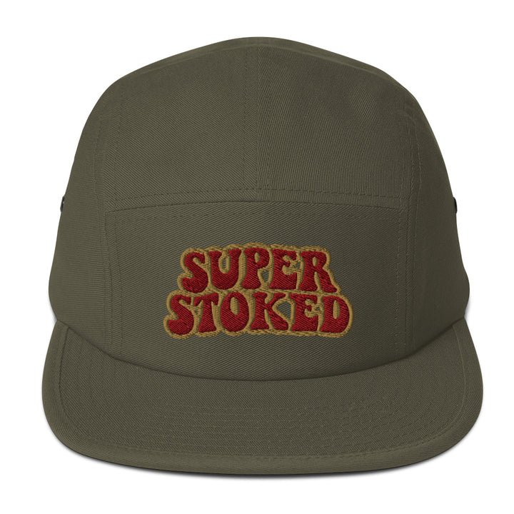 Flashback Five Panel Cap in Olive, front view — Super Stoked