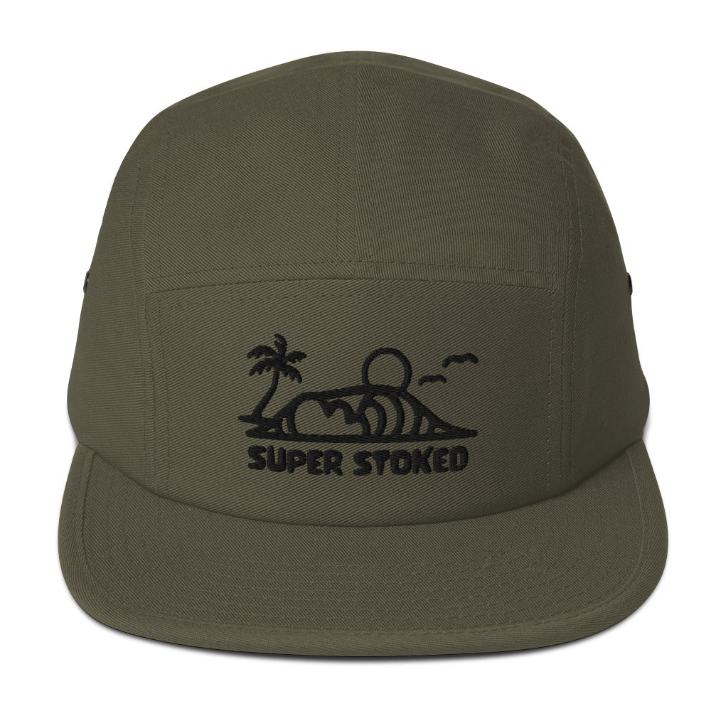 Dream Lines Five Panel Cap in Olive, front view — Super Stoked