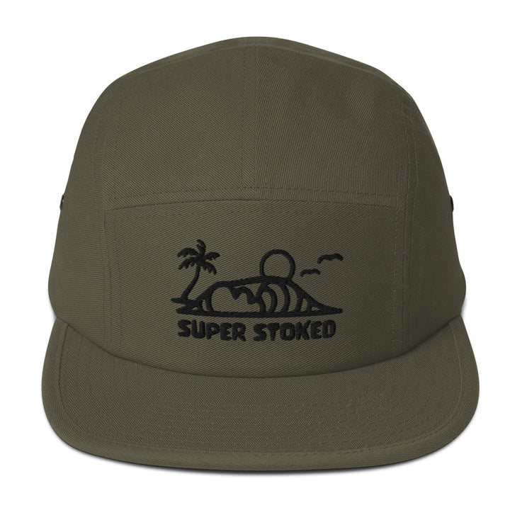 Dream Lines Five Panel Cap in Olive, front view — Super Stoked