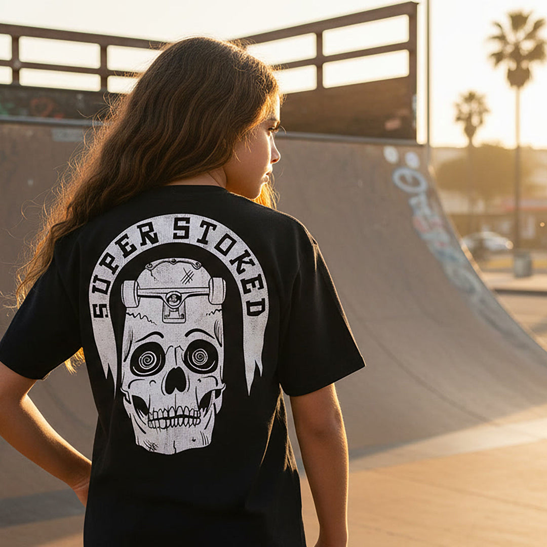Skate or Die Dark Base Youth Classic T-shirt, view 2 — Super Stoked