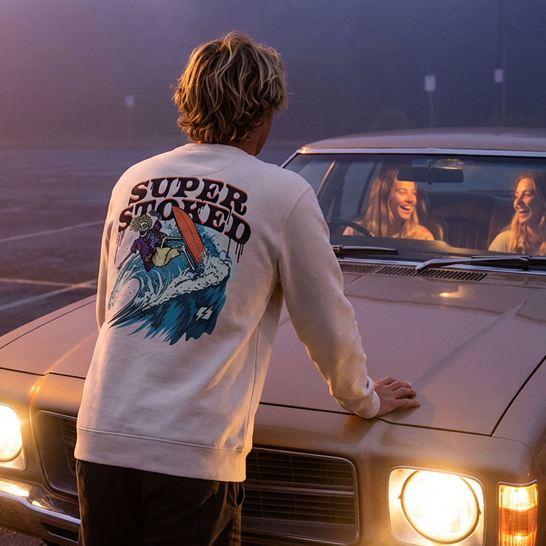 Surf &amp; Destroy Unisex Oversized Heavyweight Sweatshirt, view 2 — Super Stoked