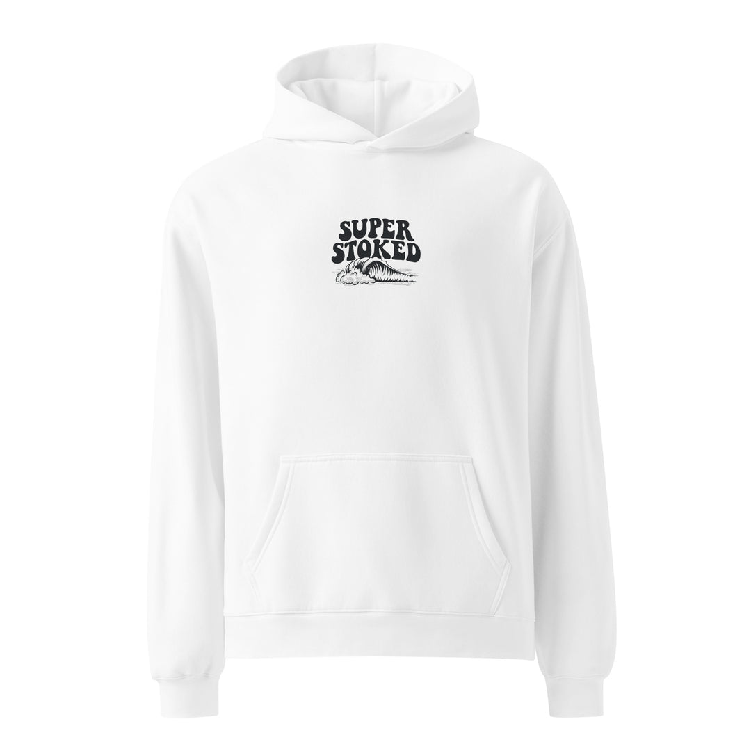 Island Peak Unisex Oversized Hoodie in White, front view — Super Stoked