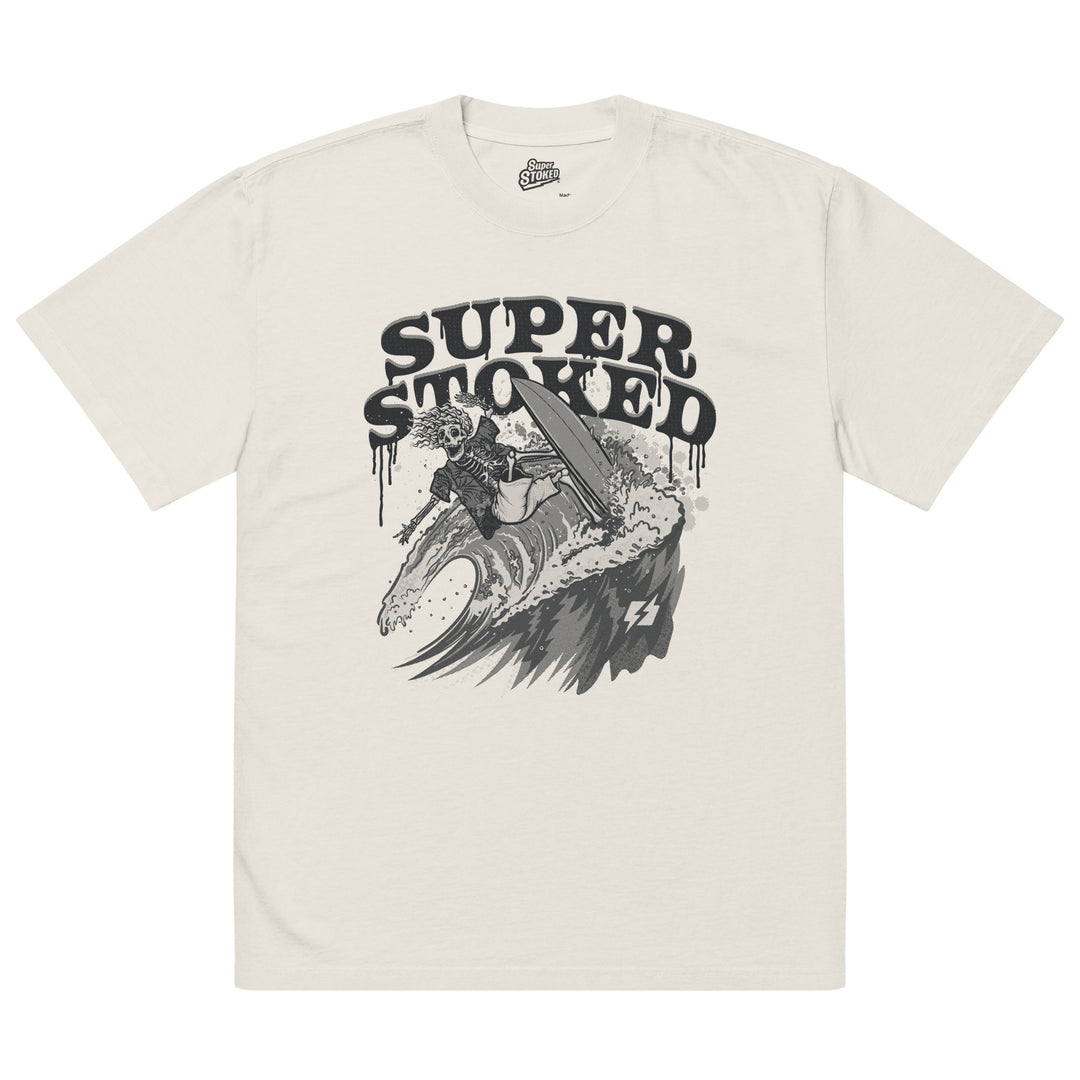 Surf &amp; Destroy Unisex Oversized Faded T-shirt in Faded Bone, front view — Super Stoked