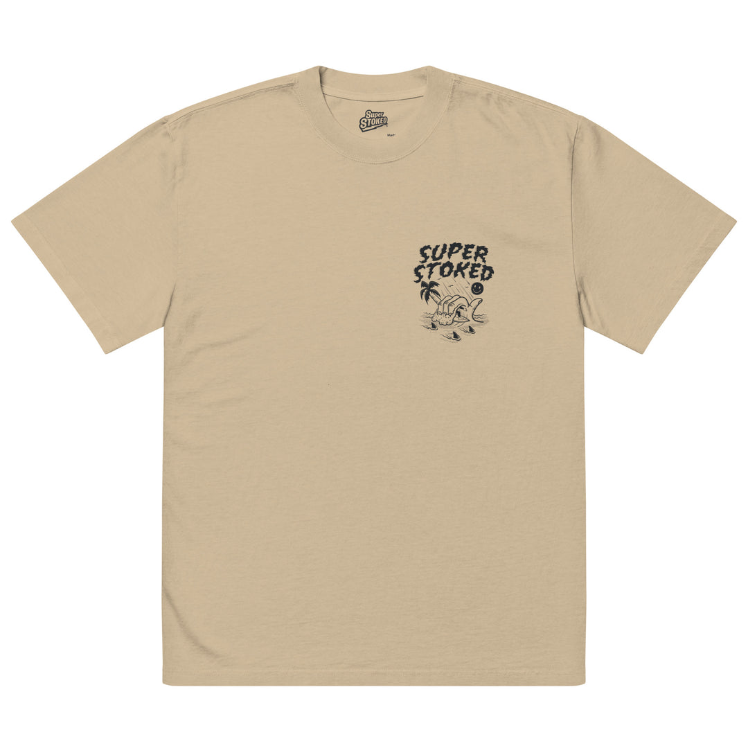 Sharker Barrel Unisex Oversized Faded T-shirt in Faded Khaki, front view — Super Stoked