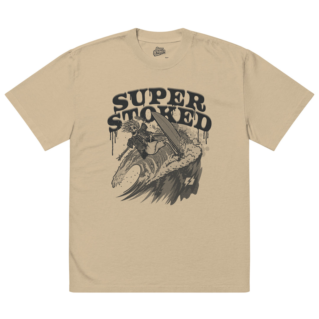 Surf &amp; Destroy Unisex Oversized Faded T-shirt in Faded Khaki, front view — Super Stoked