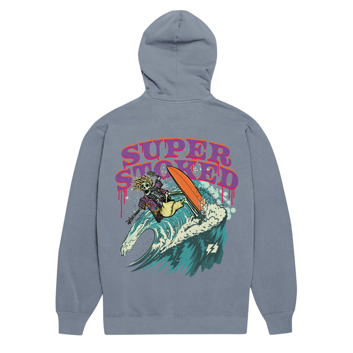 Surf &amp; Destroy Unisex Garment-Dyed Hoodie in Blue Jean, back view — Super Stoked