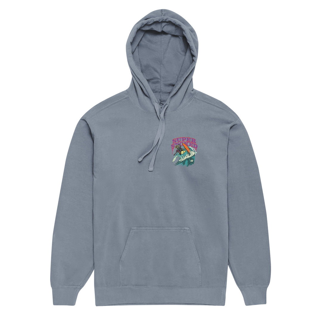 Surf &amp; Destroy Unisex Garment-Dyed Hoodie in Blue Jean, front view — Super Stoked