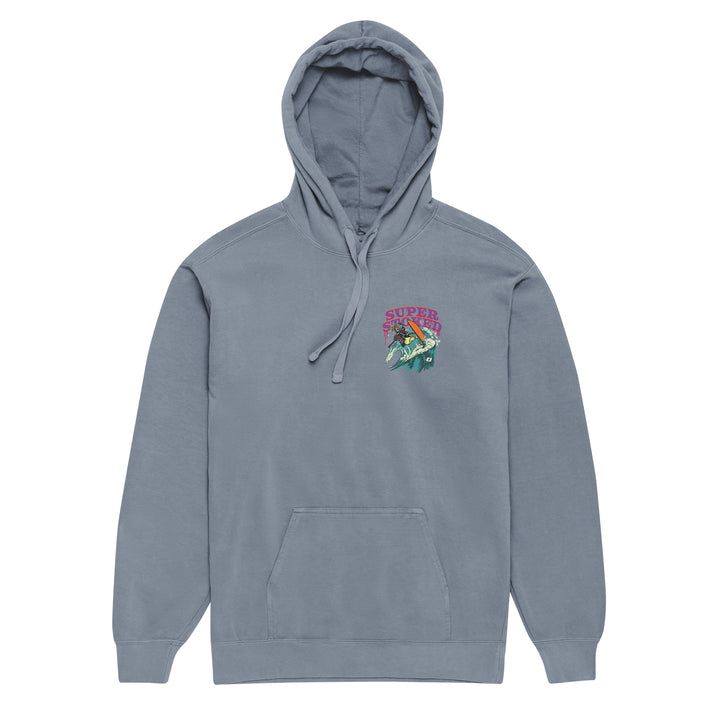 Surf &amp; Destroy Unisex Garment-Dyed Hoodie in Blue Jean, front view — Super Stoked