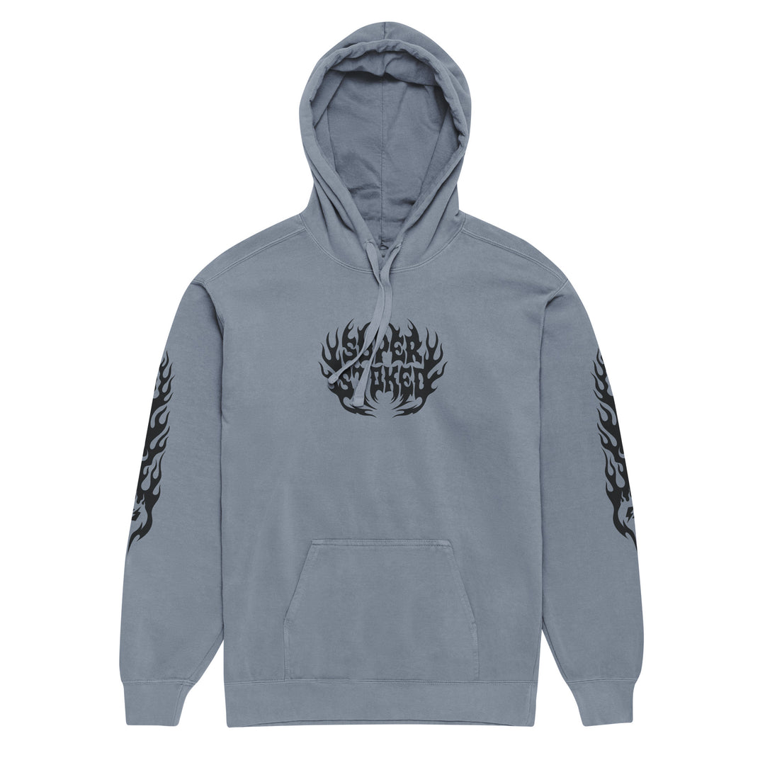 Hellfire Unisex Garment-Dyed Hoodie in Blue Jean, front view — Super Stoked