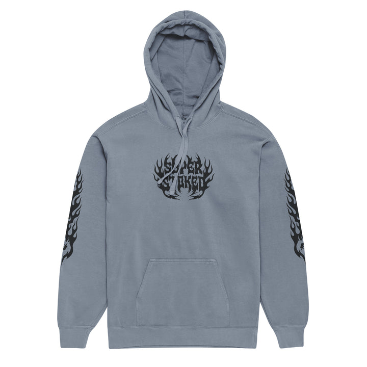 Hellfire Unisex Garment-Dyed Hoodie in Blue Jean, front view — Super Stoked