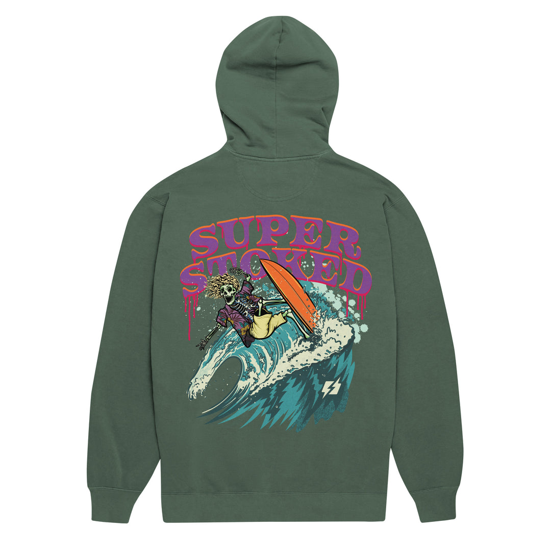 Surf &amp; Destroy Unisex Garment-Dyed Hoodie in Blue Spruce, back view — Super Stoked