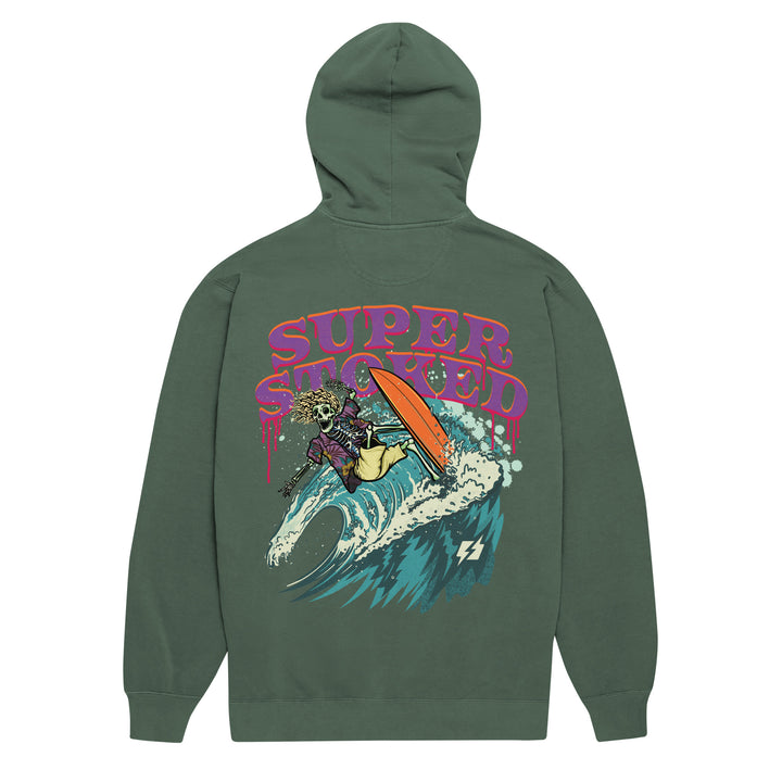 Surf &amp; Destroy Unisex Garment-Dyed Hoodie in Blue Spruce, back view — Super Stoked