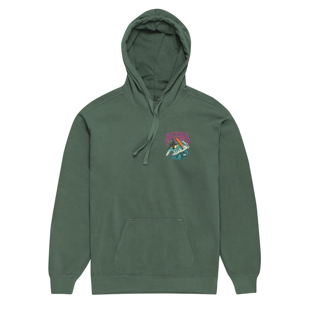 Surf &amp; Destroy Unisex Garment-Dyed Hoodie in Blue Spruce, front view — Super Stoked