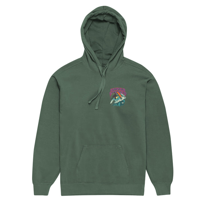 Surf &amp; Destroy Unisex Garment-Dyed Hoodie in Blue Spruce, front view — Super Stoked