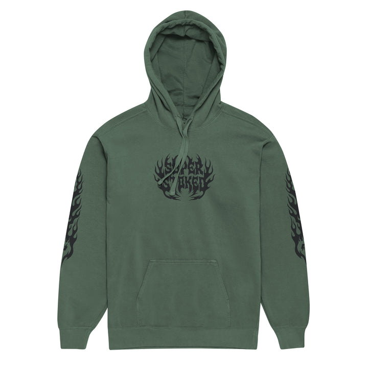 Hellfire Unisex Garment-Dyed Hoodie in Blue Spruce, front view — Super Stoked
