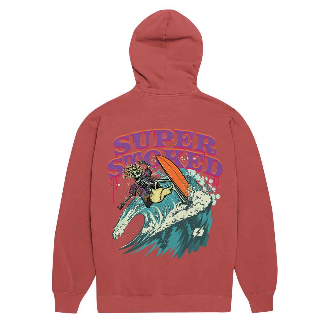 Surf &amp; Destroy Unisex Garment-Dyed Hoodie in Crimson, back view — Super Stoked