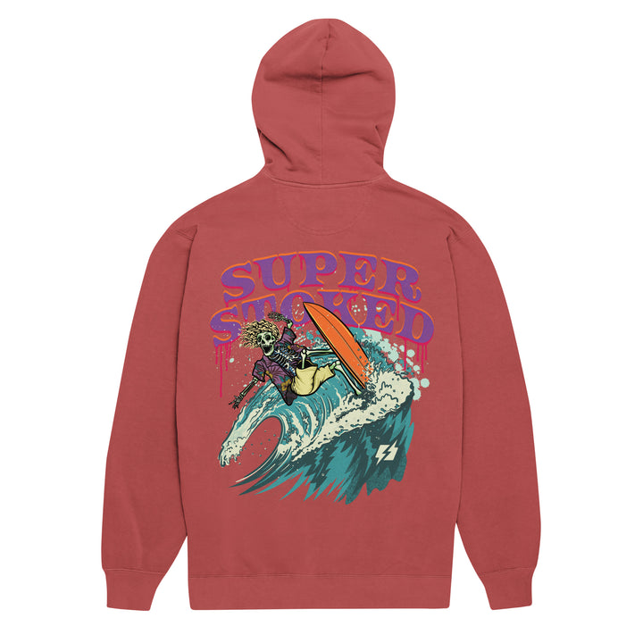 Surf &amp; Destroy Unisex Garment-Dyed Hoodie in Crimson, back view — Super Stoked