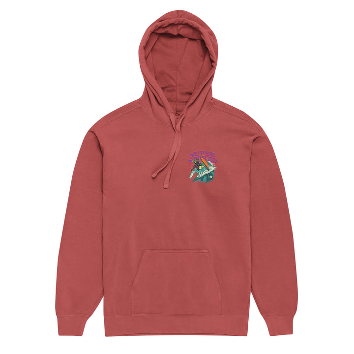 Surf &amp; Destroy Unisex Garment-Dyed Hoodie in Crimson, front view — Super Stoked