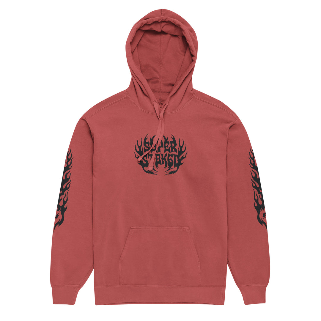 Hellfire Unisex Garment-Dyed Hoodie in Crimson, front view — Super Stoked
