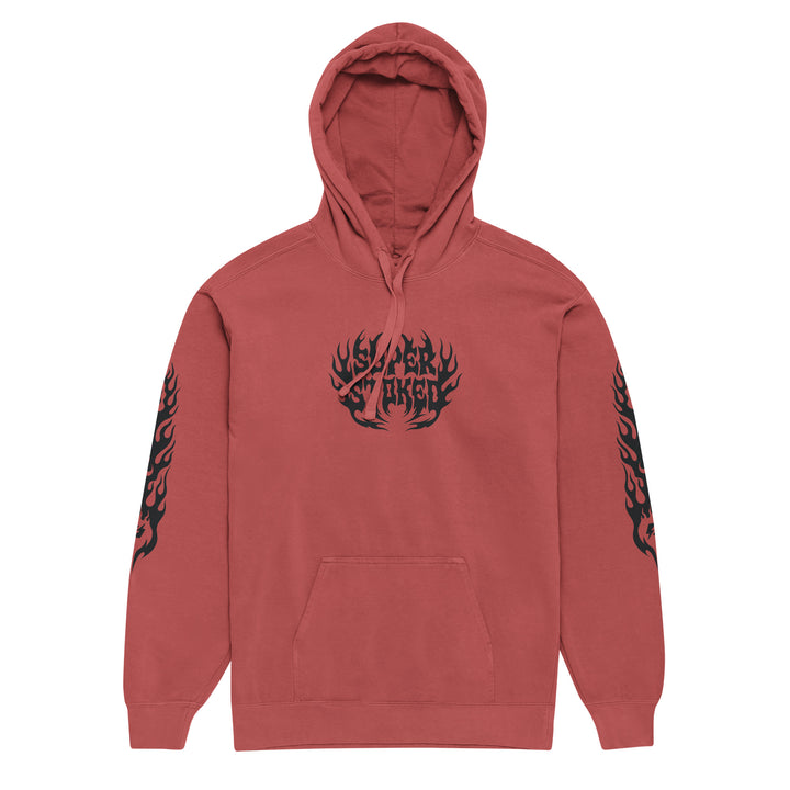 Hellfire Unisex Garment-Dyed Hoodie in Crimson, front view — Super Stoked