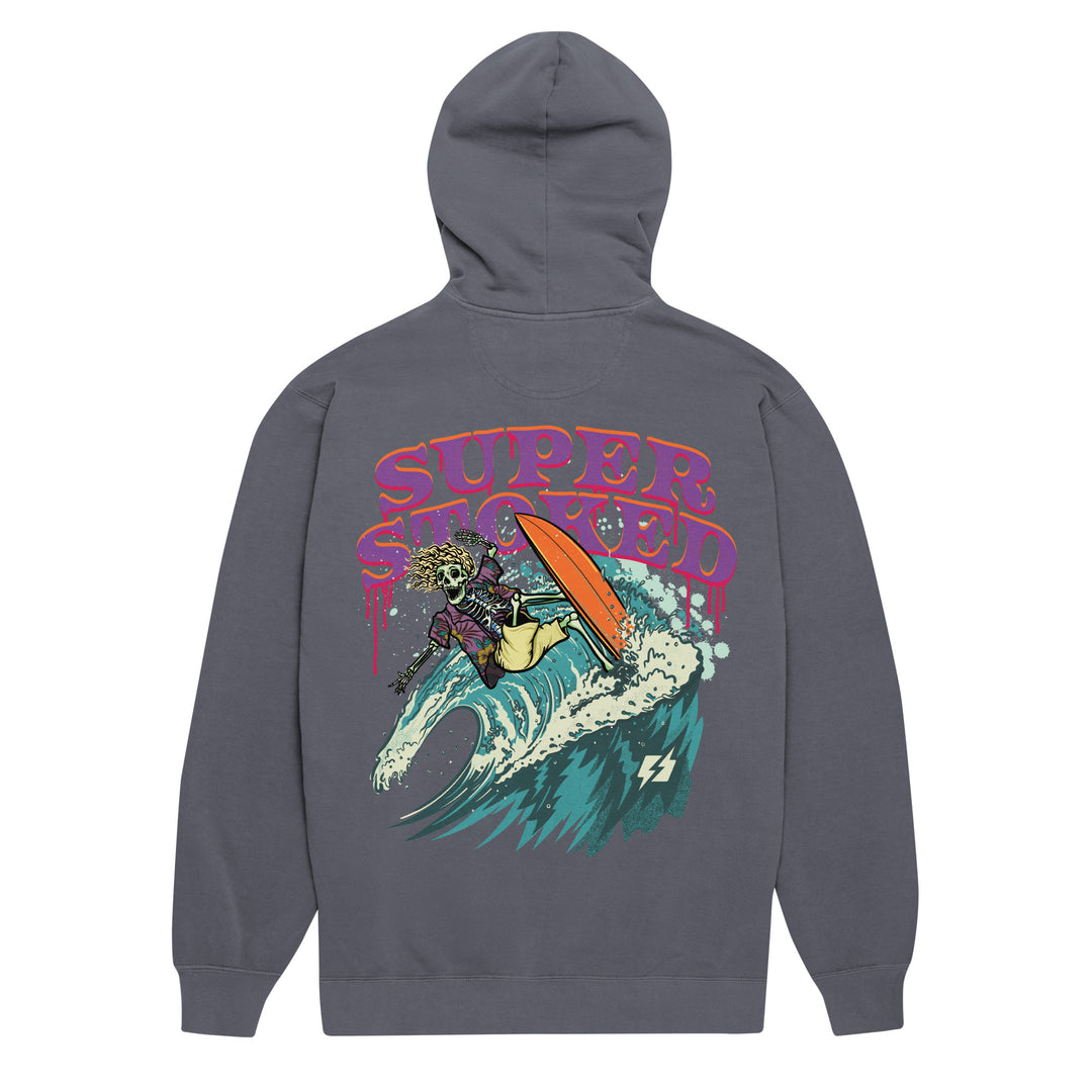 Surf &amp; Destroy Unisex Garment-Dyed Hoodie in Denim, back view — Super Stoked
