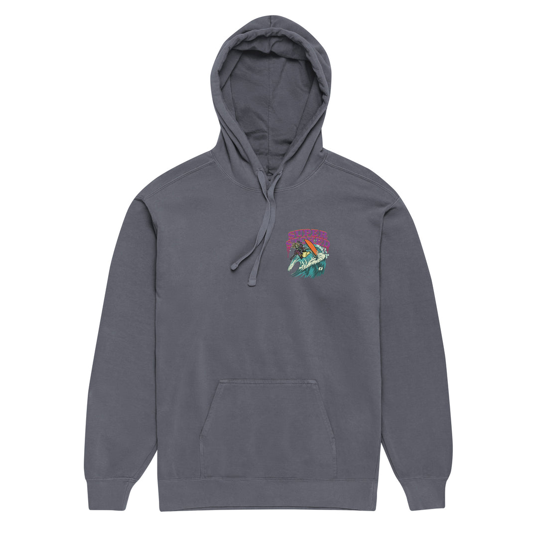 Surf &amp; Destroy Unisex Garment-Dyed Hoodie in Denim, front view — Super Stoked