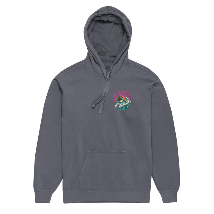 Surf &amp; Destroy Unisex Garment-Dyed Hoodie in Denim, front view — Super Stoked