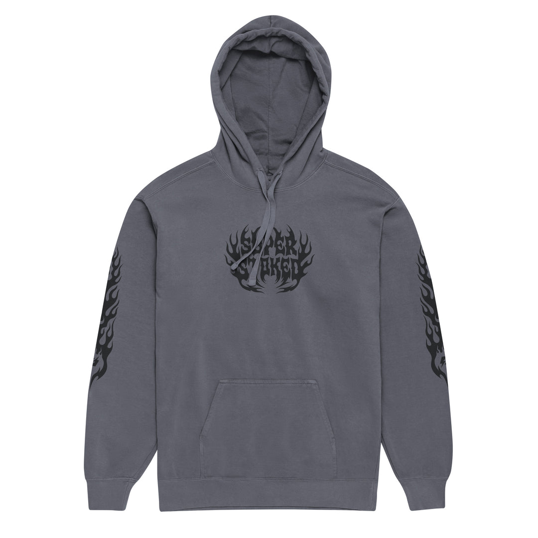 Hellfire Unisex Garment-Dyed Hoodie in Denim, front view — Super Stoked