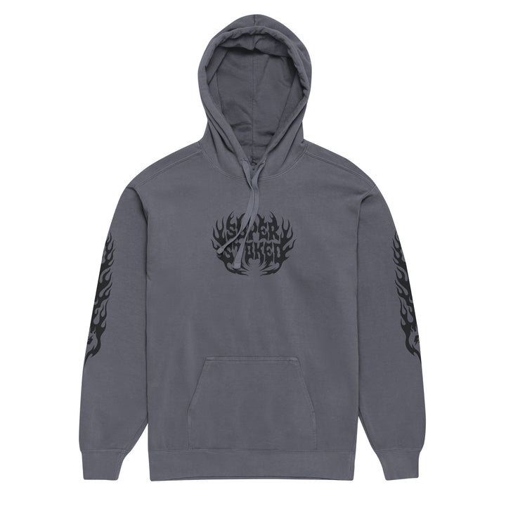 Hellfire Unisex Garment-Dyed Hoodie in Denim, front view — Super Stoked