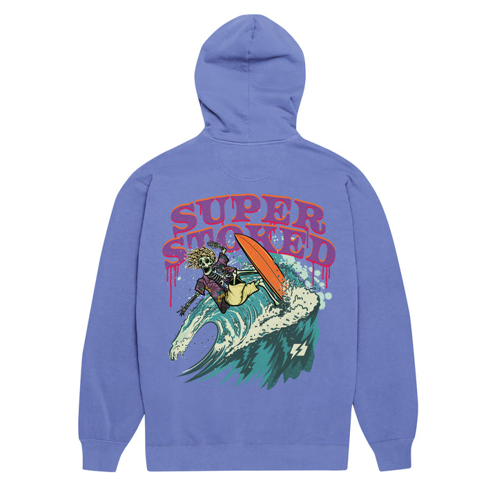 Surf &amp; Destroy Unisex Garment-Dyed Hoodie in Flo Blue, back view — Super Stoked