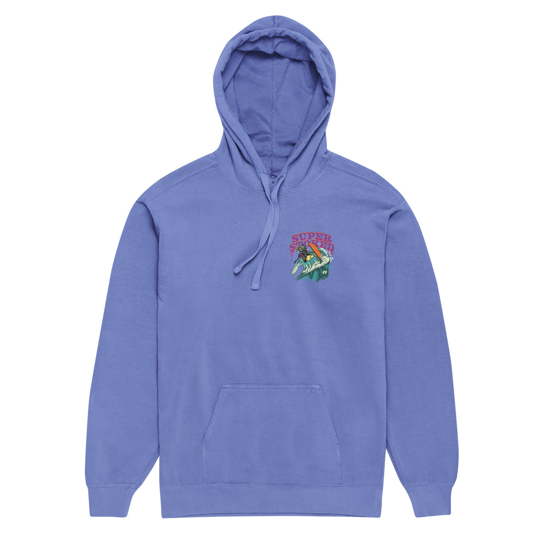 Surf &amp; Destroy Unisex Garment-Dyed Hoodie in Flo Blue, front view — Super Stoked
