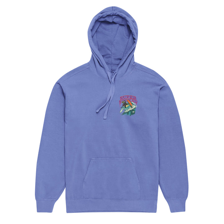 Surf &amp; Destroy Unisex Garment-Dyed Hoodie in Flo Blue, front view — Super Stoked