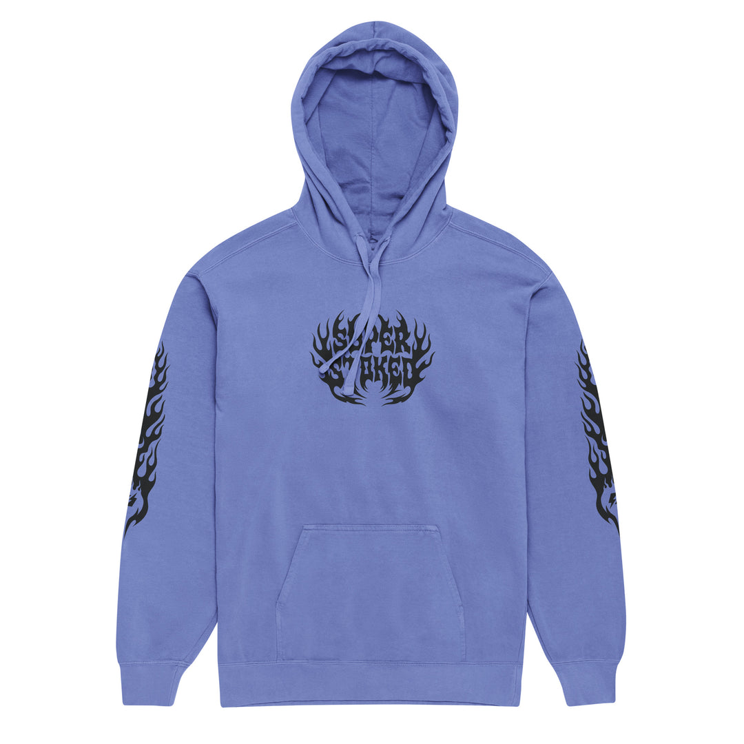 Hellfire Unisex Garment-Dyed Hoodie in Flo Blue, front view — Super Stoked