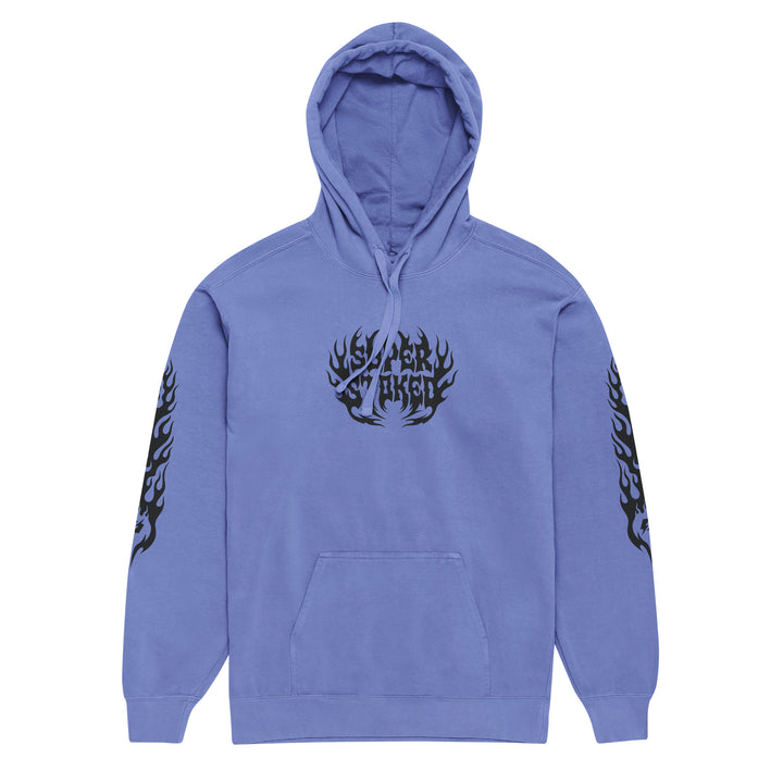 Hellfire Unisex Garment-Dyed Hoodie in Flo Blue, front view — Super Stoked
