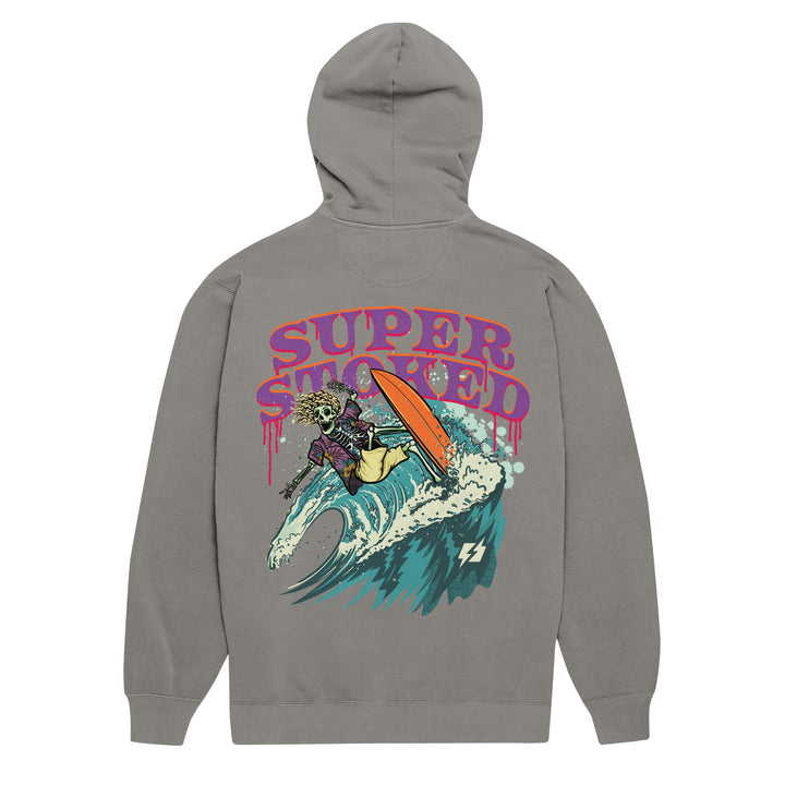 Surf &amp; Destroy Unisex Garment-Dyed Hoodie in Grey, back view — Super Stoked