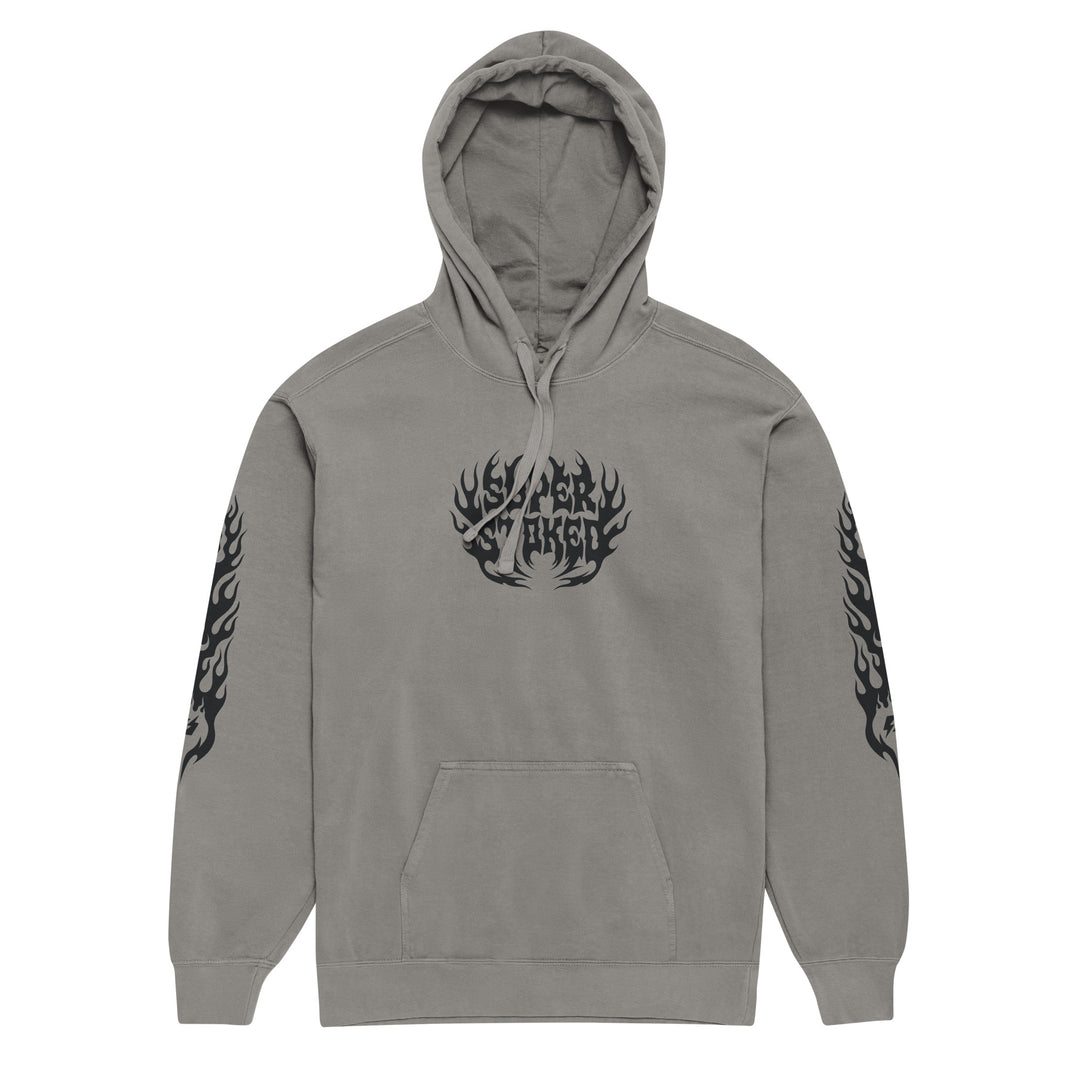Hellfire Unisex Garment-Dyed Hoodie in Grey, front view — Super Stoked
