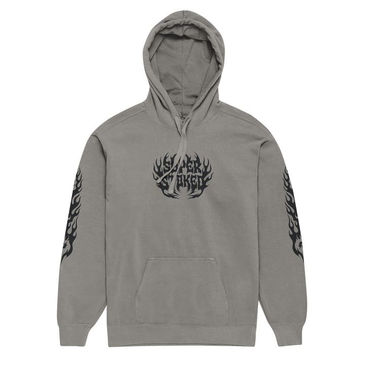 Hellfire Unisex Garment-Dyed Hoodie in Grey, front view — Super Stoked