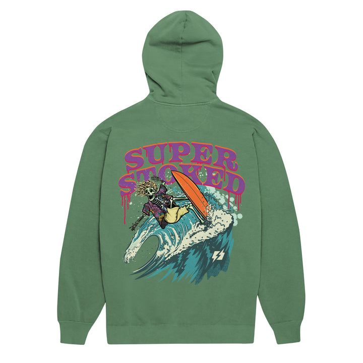 Surf &amp; Destroy Unisex Garment-Dyed Hoodie in Light Green, back view — Super Stoked