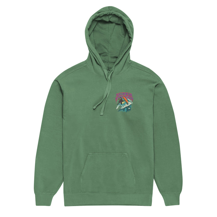 Surf &amp; Destroy Unisex Garment-Dyed Hoodie in Light Green, front view — Super Stoked