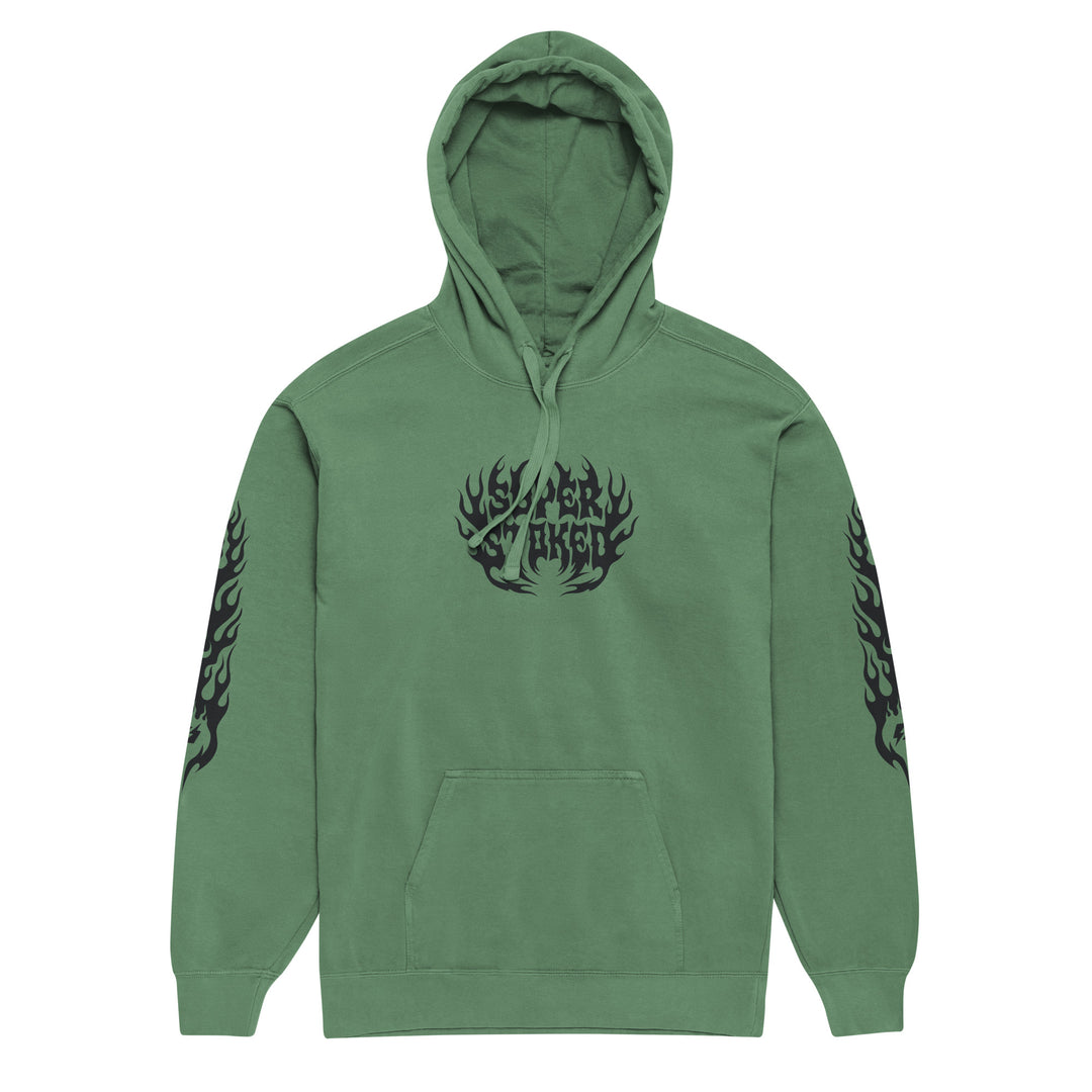 Hellfire Unisex Garment-Dyed Hoodie in Light Green, front view — Super Stoked