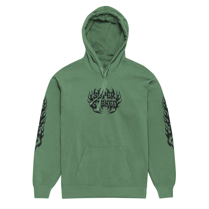 Hellfire Unisex Garment-Dyed Hoodie in Light Green, front view — Super Stoked